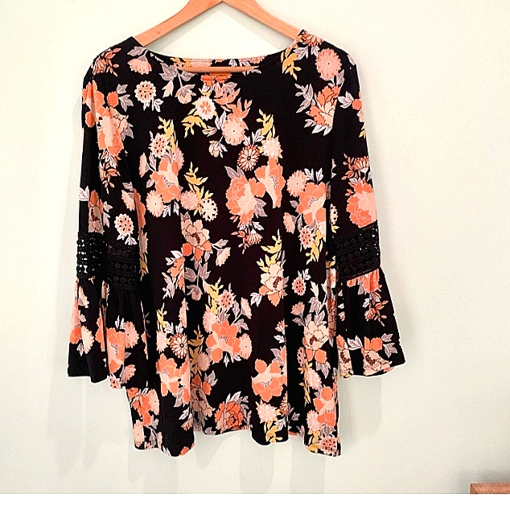 Ruby Rd. Peach Yellow Floral Crochet Bell Sleeve Blouse Top XL